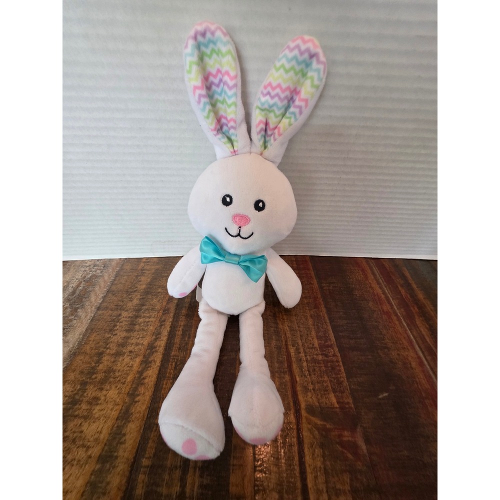 Personal Creations White Plush Bunny Rabbit Teal Bow‎ Pastel Chevron Ears 15in